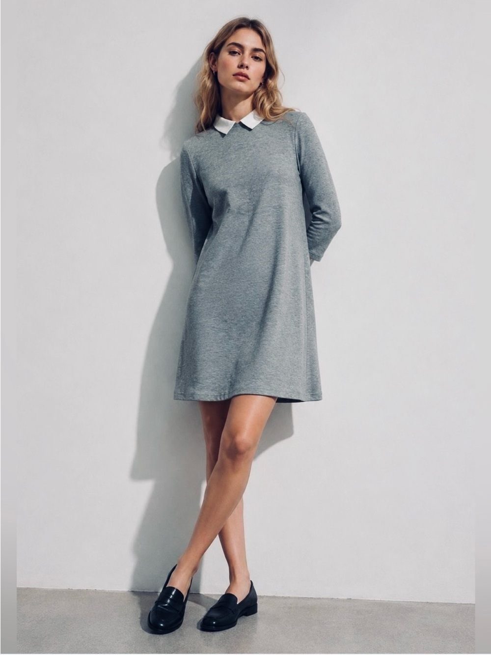 Zara Grey Long-Sleeve Shift Dress with White Collar.